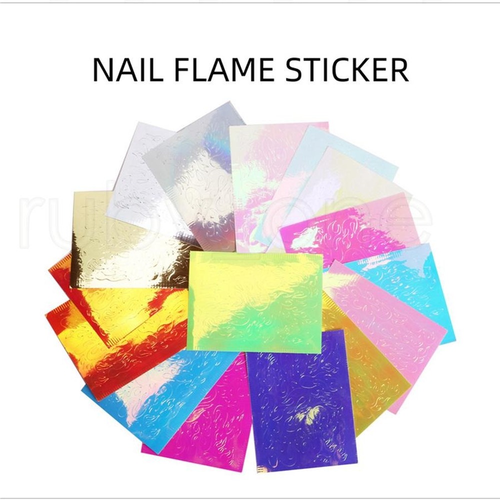 16Pcs Nail Flame Sticker Colorful Manicure Stickers Laser Flame Sticker Autocollant De Flamme Dongle Women Nail Art Flame Sticker Tools