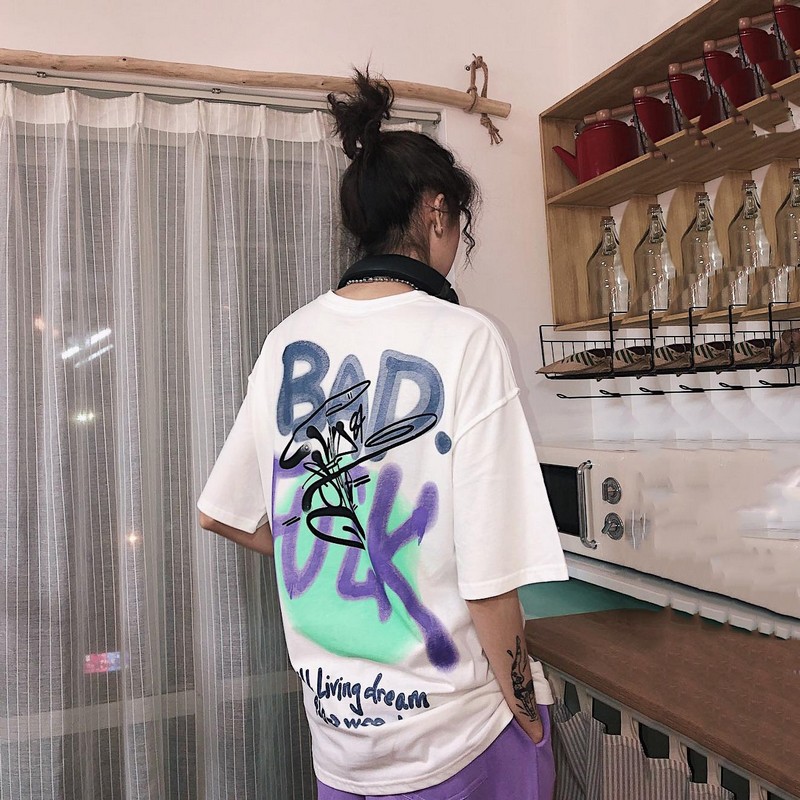 harajuku Tshirt women tshirt Street loose flavor tees shirts colorful graffiti alphabet print couples short-sleeve, White 
harajuku Tshirt women tshirt Street loose flavor tees shirts colorful graffiti alphabet print couples short-sleeve, White