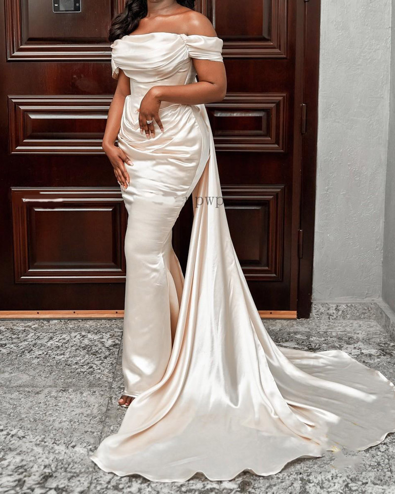 Champagne Mermaid Evening Dresses Off Shoulder Sweep Train Pleats Long Formal Women Prom Gowns vestidos de fiesta noche Custom