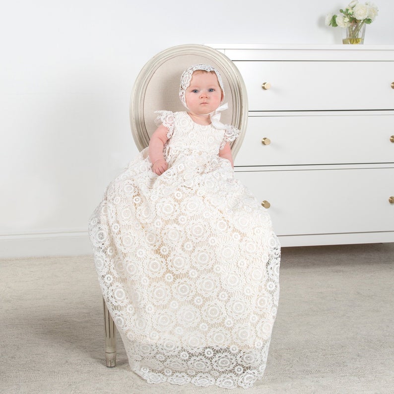 Elegant White Ivory Christening Gown Lace Baby Girls Baptism Dresses Toddler Infant Christening Dress With bonnet