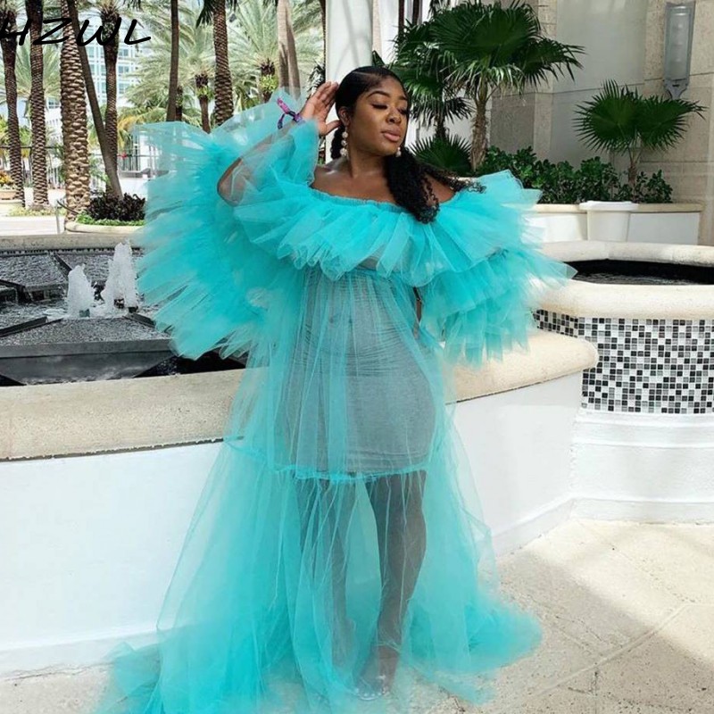 Illusion Maternity Dresses See Through Women Off Shoulder Half Sleeves Ruched Tulle Prom Dress for Photo Shoot Baby Shower