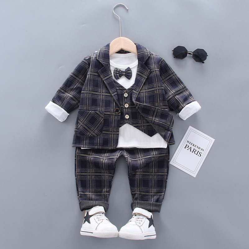 Fashion 2021 3-piece Handsome Men Suit Children Suit With Bow Spring and Autumn Boys Jacket Vest Pant Plaid Suit