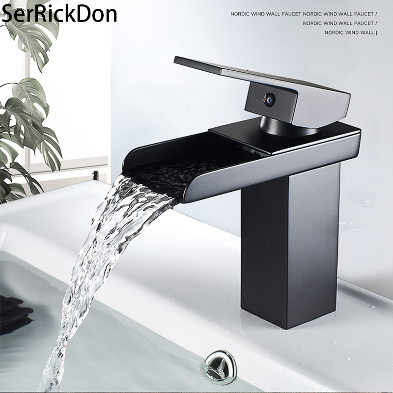 

Waterfall Matte Black Deck Mounted Bathroom Basin Mixer Tap Basin Vessel Sink Faucet Hot Cold Water Faucet for Tap