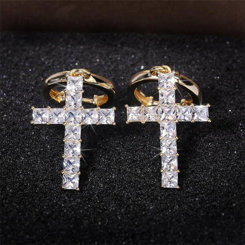 Vintage Sterg Sier Gold Fill Radiant Cut White Topaz Cross Dangle Earrings