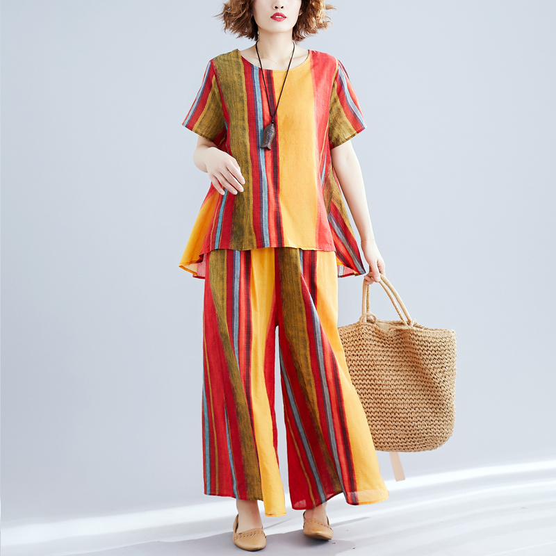 #0822 Summer 2 Piece Outfits For Women Irregular T Shirt Striped Printed And Wide Leg Pants Women Cotton Linen Two Piece Set, Color 1
#0822 Summer 2 Piece Outfits For Women Irregular T Shirt Striped Printed And Wide Leg Pants Women Cotton Linen Two Piece Set, Color 1