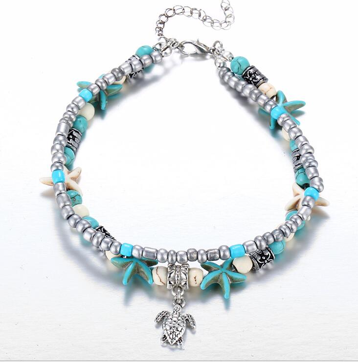 Double Anklet Conch Starfish Rice Bead Yoga Beach Turtle Pendant Anklet Bracelet GD543