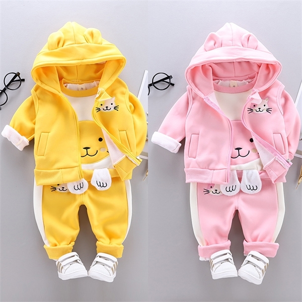 Yellow Cat Boys Clothing Sets Autumn Keep Warm Casual Baby Boy Clothes Zipper Coat + Pant + Vest Kids Suits Children Clothing