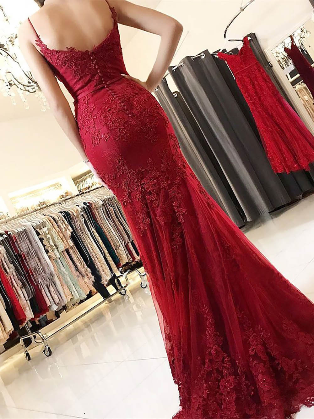 Popular New Style Sweetheart Spaghetti Straps Appliques vestido fiesta Red Prom Dress Lace Mermaid Long Evening Prom Dresses
