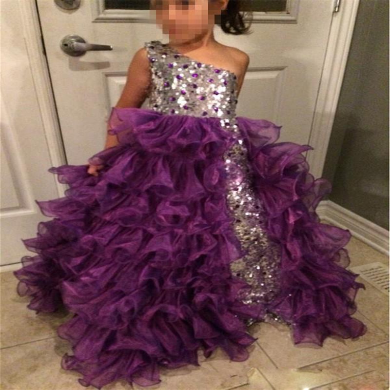 hot sale purple flower girls dresses lace appliqued sequins oneshoulder tiered tulle first communion dress sweep train kids formal wear