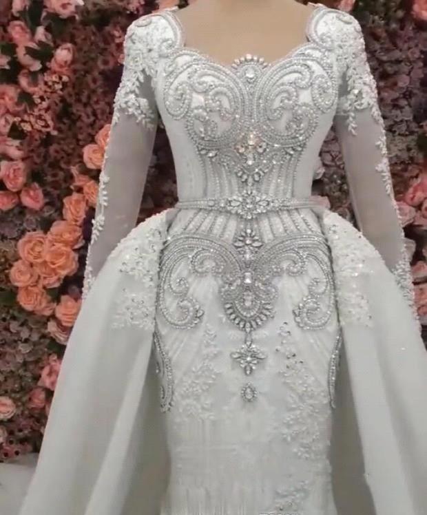 2021 New Crystal Mermaid Wedding Dresses Long Sleeves Shiny Sequined Beading Bridal Gowns Plus Size Handmade Elegant robes de mariée