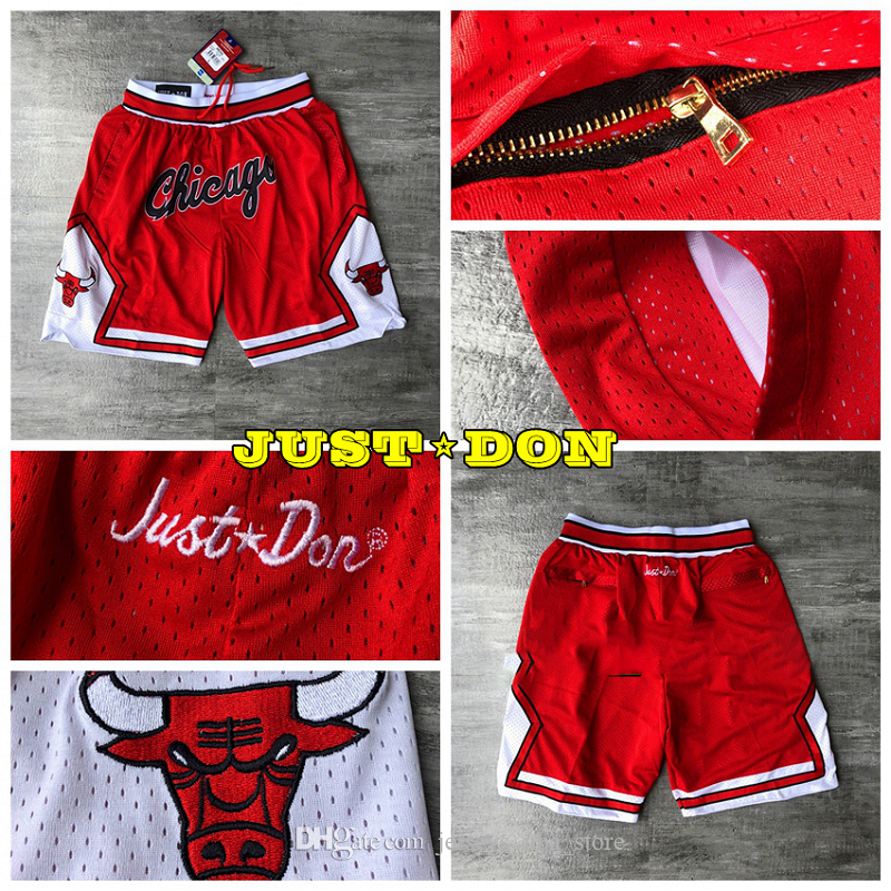 Mens JUST DON Pocket Basketball Shorts Retro Stitched 1997-98 Red Pocket ChicagoBullsShorts Lining Mesh Sports Pocket Sweatpants