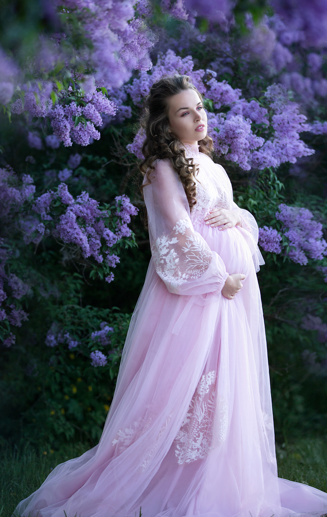 Maternity Lingerie Flush Pink Lace Applique Ladies Bride Robes High Neck Robe Long Sleeves Nightgown Custom Made Sleepwear Nightdress
