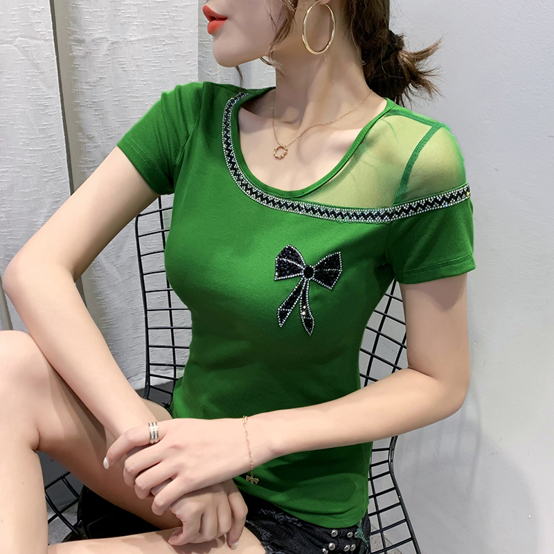New 2020 Summer short sleeve women's t-shirt Fashion o-neck Hot drill mesh tops and shirt Elegant Bow Korean version t-shirt, Black 
New 2020 Summer short sleeve women's t-shirt Fashion o-neck Hot drill mesh tops and shirt Elegant Bow Korean version t-shirt, Black