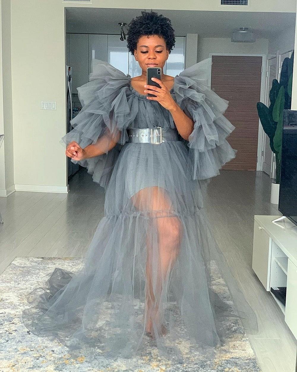Maternity Photoshoot Prom Dress Vestidos Grey Tiered Sheer Party Dresses Wihtout Sash Full Sleeve for Photo Shoot Baby Shower