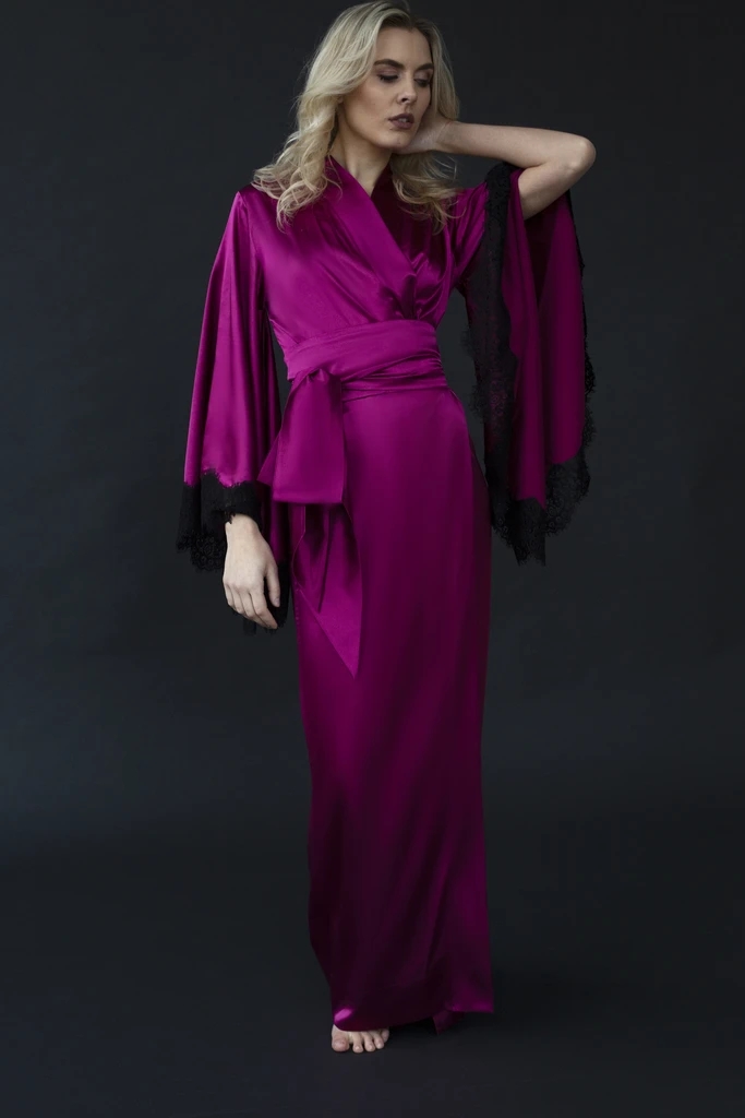 Purple Lingerie Satin and Lace Ladies Bride Robes Kimono Robe Long Sleeves Nightgown Custom Made Sleepwear Nightdress