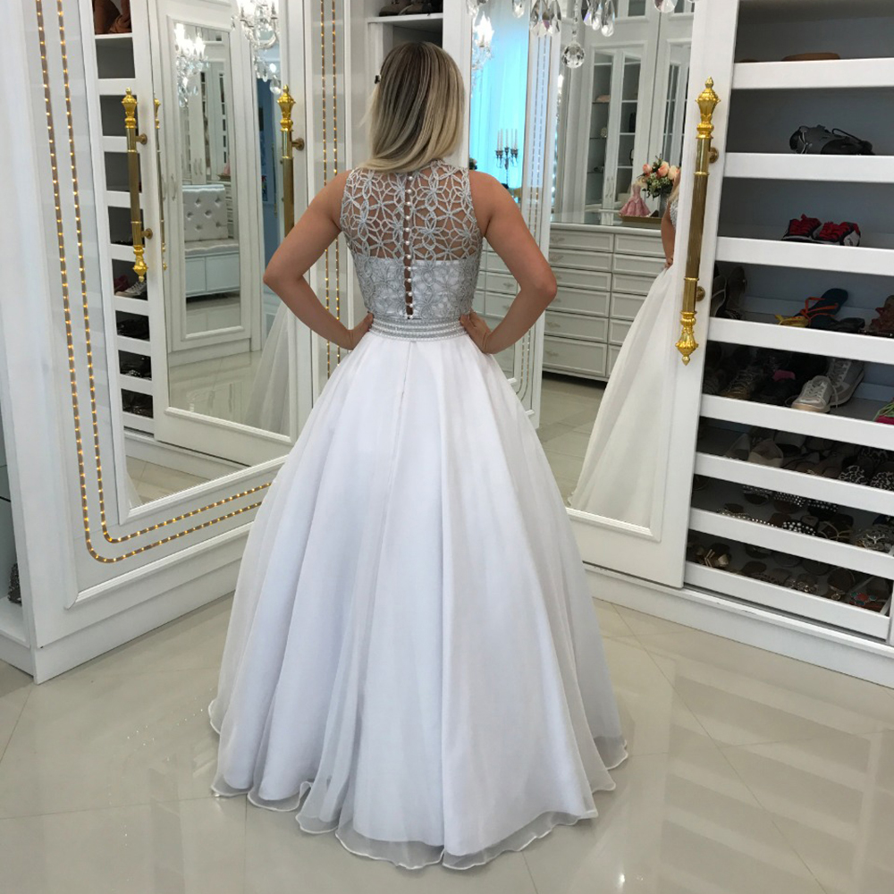 New Customize White Prom Dresses Floor Length Pearls Lace Top Chiffon Skirt A-Line Prom Gown Evening Dress