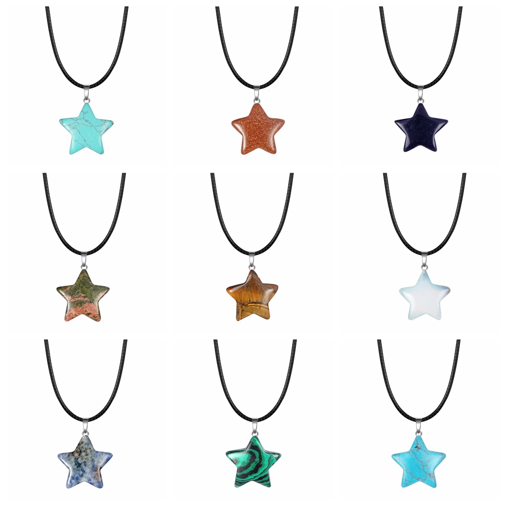QIMOSHI Natural Healing Crystal Stone Star Pendant Necklace Reiki Solar Quartz Pendants Jewelry for Womens Mens 18Inch Leather
