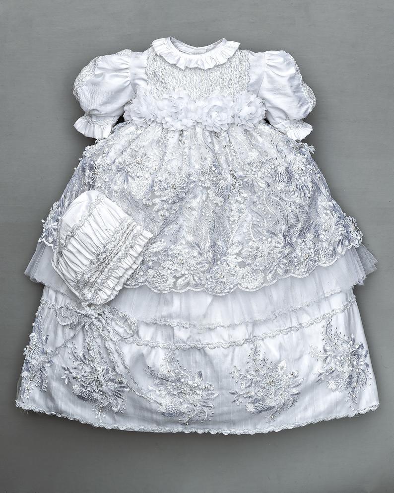 Vintage White Ivory Christening Gown Lace Beaded Baby Girls Baptism Dresses Toddler Infant Christening Dress With bonnet