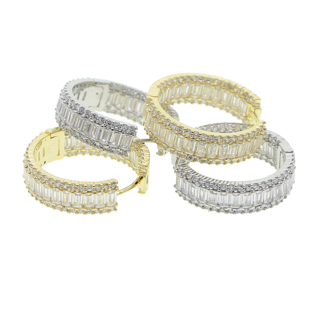 2020 summer New Fashion Iced Out Round Circle baguette cz hoop huggie Earrings Gold Color Hip Hop Bling CZ jewelry For Women T200813