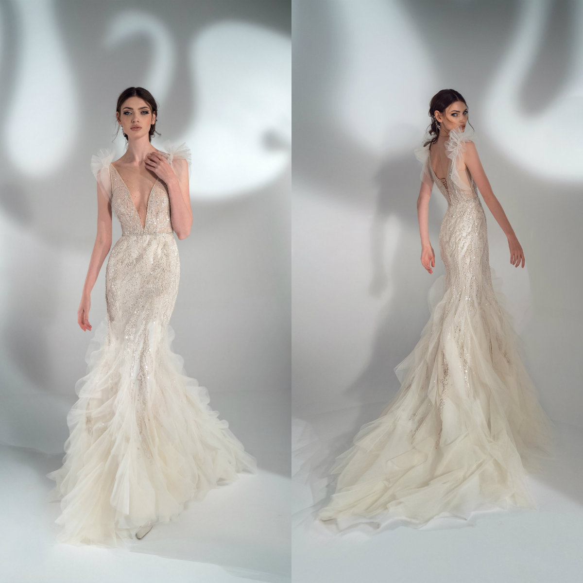 sparkly mermaid wedding dresses sexy deep v neck sequins lace appliques bridal gowns laceup back tiered wedding dress