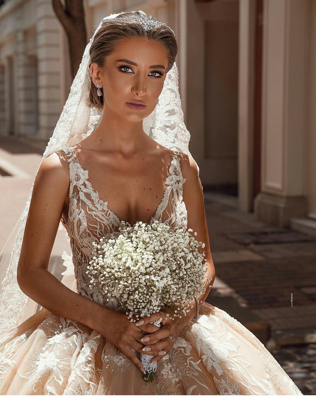 Luxury Cathedral Length Wedding Dresses Champagne Lace Appliqued Deep V Neck Bridal Gowns Plus Size 2021 vestido de novia