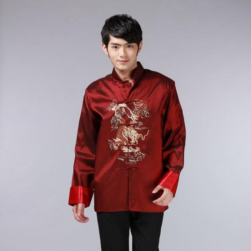 8 Color Chinese Shirt Traditional Chinese Clothing for Men Top Men Tang Suit Dragon Satin Long Sleeve Costume Retro