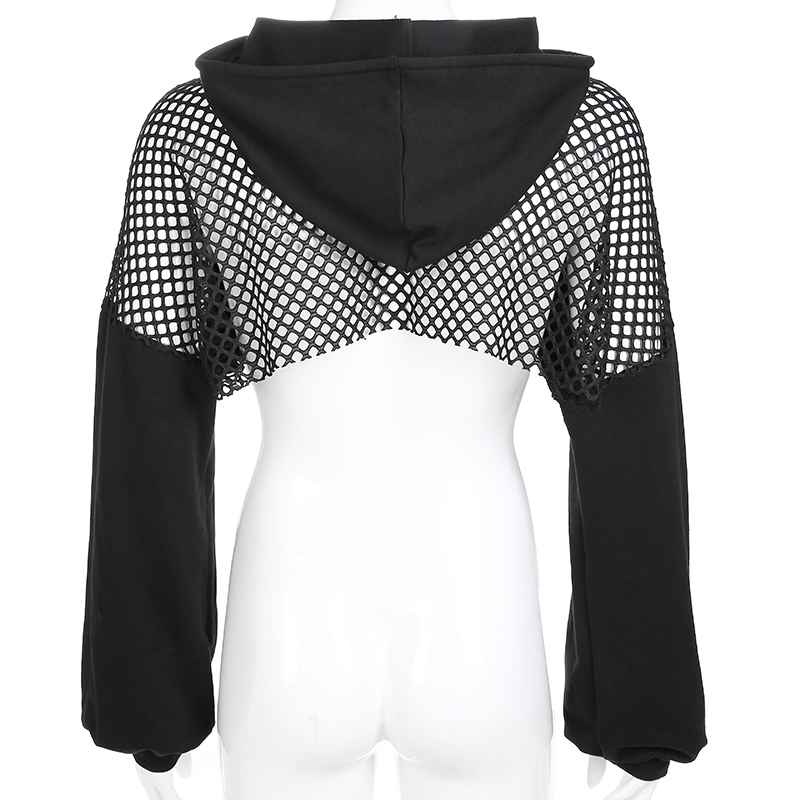 Sweetown Punk Long Sleeve Crop Top Hoodies Sweatshirts Women Black Mesh Fishnet Hollow Out Hip Hop Gothic Hoodie Rave Streetwear MX200812
