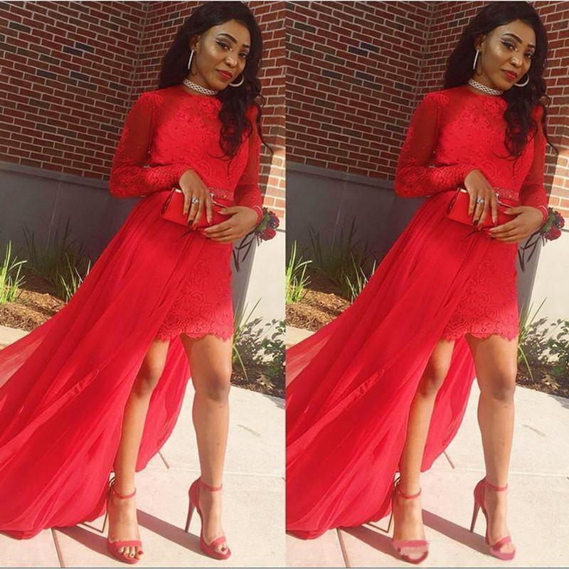 African 2020 Short Prom Dresses With Detachable Skirt Long Sleeves Lace Evening Dress Chiffon Vestido Festa Formal Party Gown