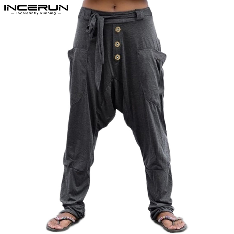 

INCERUN Men Solid Color Drop Crotch Pnats Fashion Big Baggy Joggers Trousers Man Loose Breathable Pantalon Streetwear Mens Pants, Dark gray