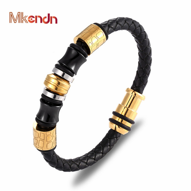 MKENDN Men Bracelets Gold Stainless Steel Black Leather Bracelet Wristband Bangle Punk Style Fashion Jewlery Magnetic Clasp
MKENDN Men Bracelets Gold Stainless Steel Black Leather Bracelet Wristband Bangle Punk Style Fashion Jewlery Magnetic Clasp