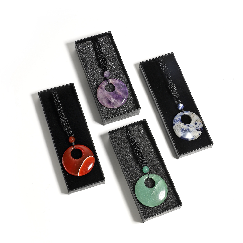 Natural Stone Lucky Coin Pendant Necklace for Women Men Reiki Healing Round Donut Crystal Jewelry Adjustable Braided Cord