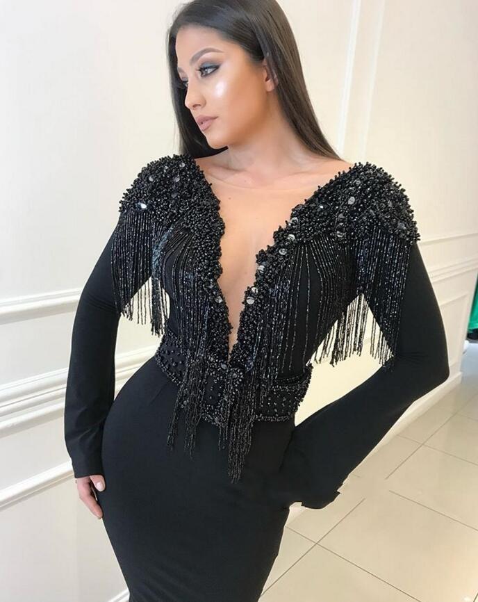 Tassel Beaded Black Mermaid Prom Dresses Long Sleeve V Neck Satin Evening Gowns Crystal Sweep Train Luxury Formal Dress