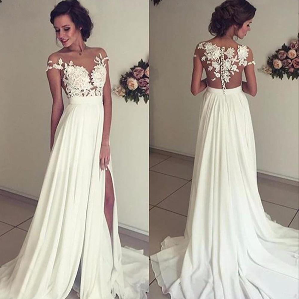 Beach A e For Women Cap Sleeve Chiffon Lace Slit Side Dubai Arabic Boho Wedding Gown Bridal Dresses Vestido De Noiva