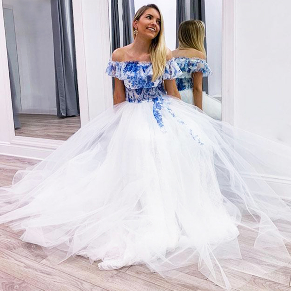 Blue and White Prom Dress Off Shoulder Evening Gown Ruffles Shouler Party Dres Short Sleeve A line Formal Dress New