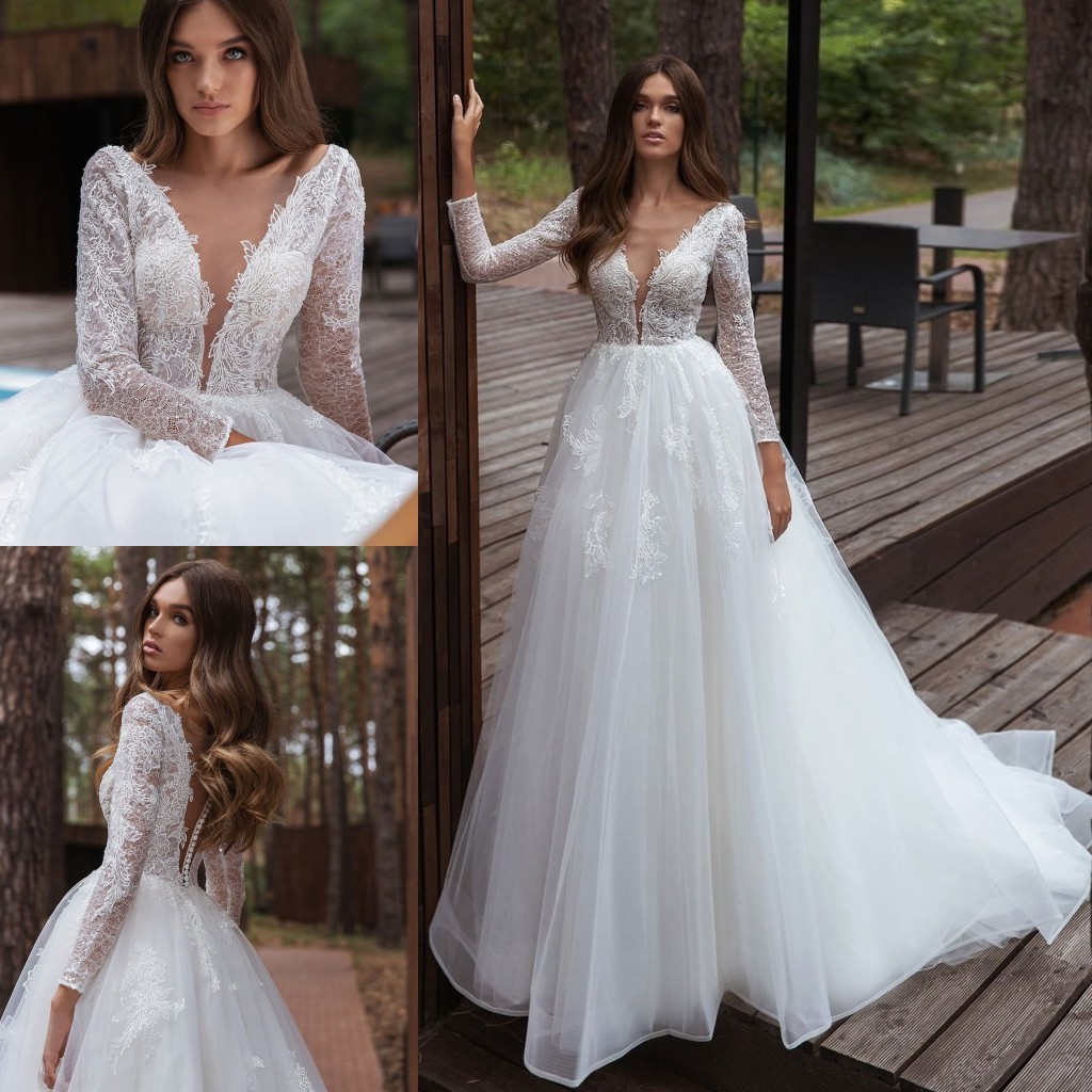 Lace Stylish Beaded Wedding Dresses Sheer Plunging Neck A Line Long Sleeves Bridal Gowns Sequined Sweep Train Tulle Robe De Marie