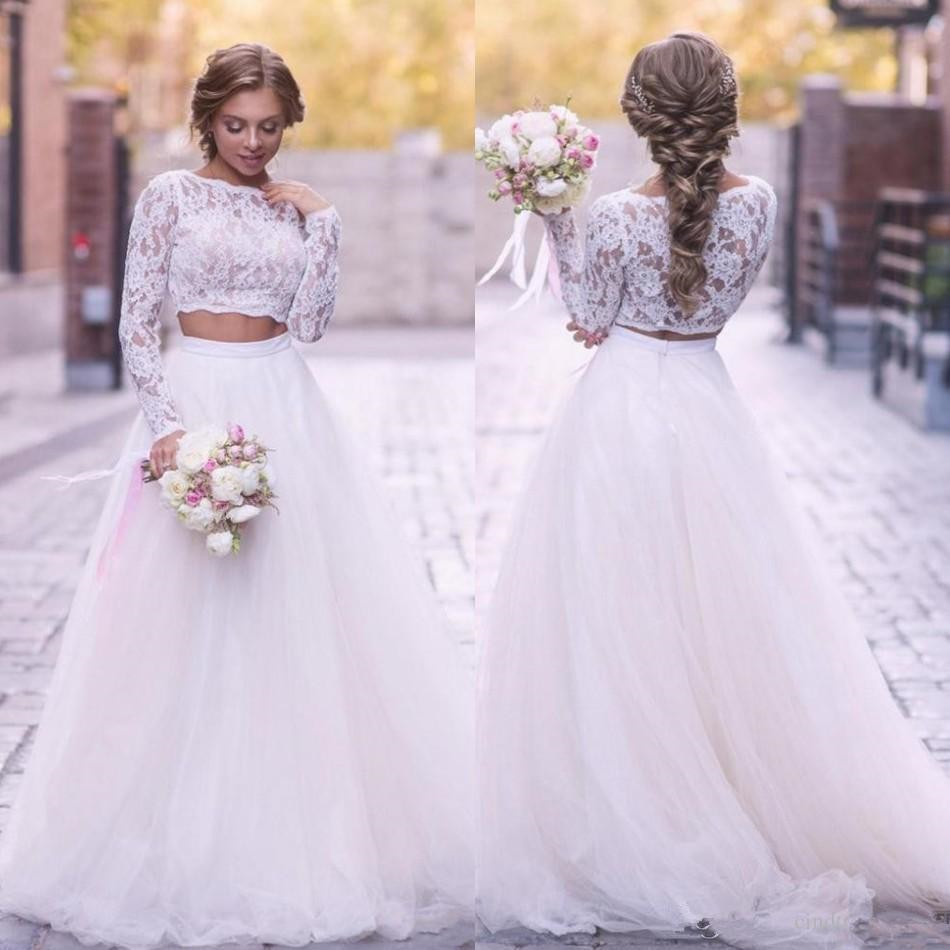 2020 Boho 2 Pieces Wedding Dress Illusion Lace Top Long Sleeve Country Wedding Dress Tulle Skirt A Line Sweep Train Bridal Gowns