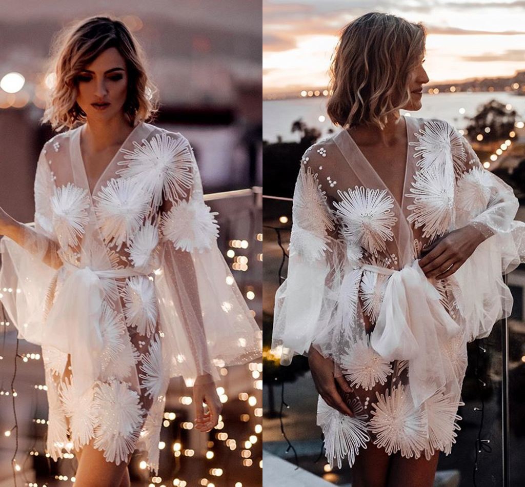 illusion sexy bridal bathrobe long sleeve flower appliques mini short women sleep wear wedding robe