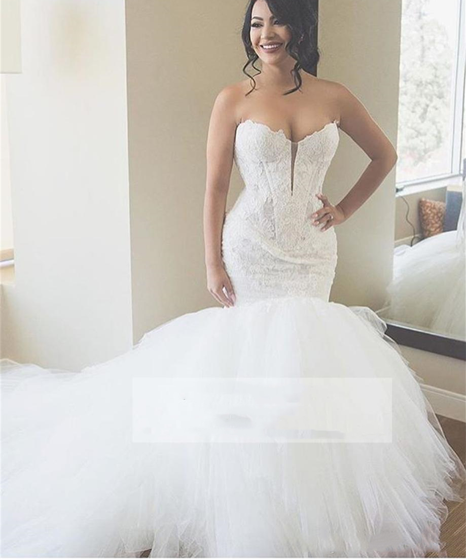 Luxury Ivory Lace Mermaid Wedding Dress For Bride Sweetheart Applique Puffy Tulle Dresses Long Train Plus Size Bridal Gowns