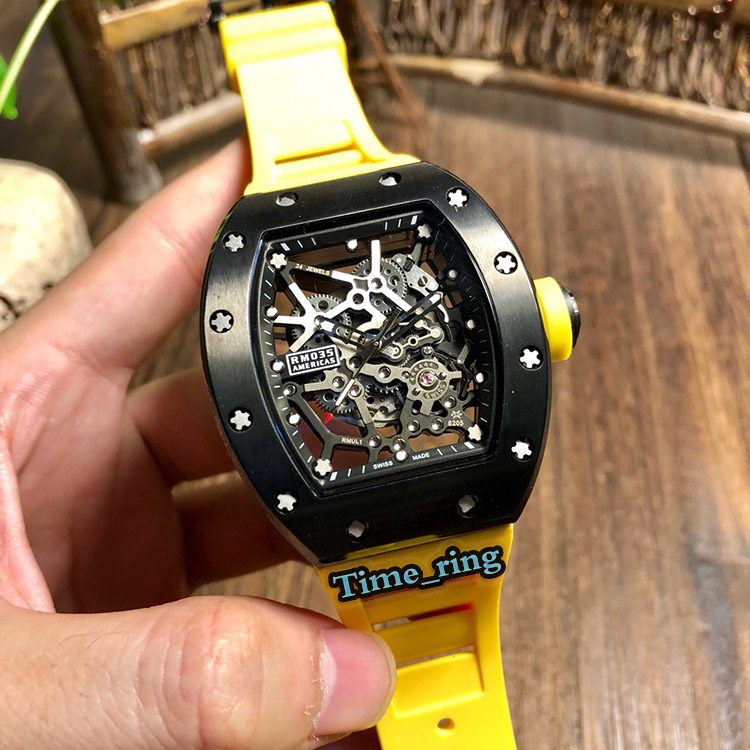 Best Edition RM-035 Skeleton Dial Black Steel Case Japan Miyota Automatic Movement RM-035 Mens Watch Rubber Strap Designer Sport Watches, Professional waterproof