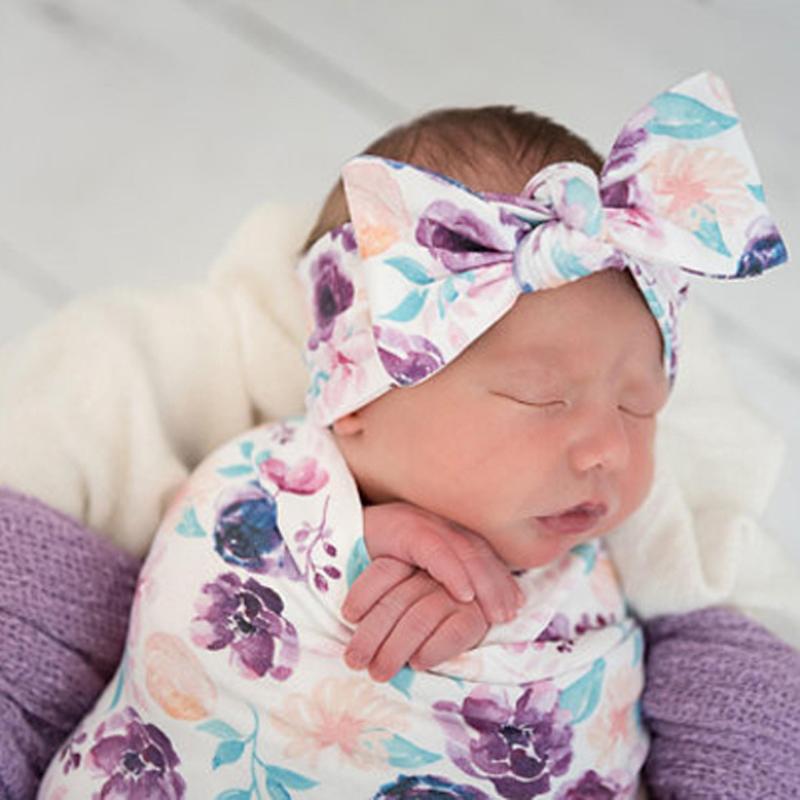 Newborn Baby Boy Girl Printed Crib Sleeping Bag Baby Wrap Swaddle Clothes Set New Born Photography Receiving Blankets Floral @35