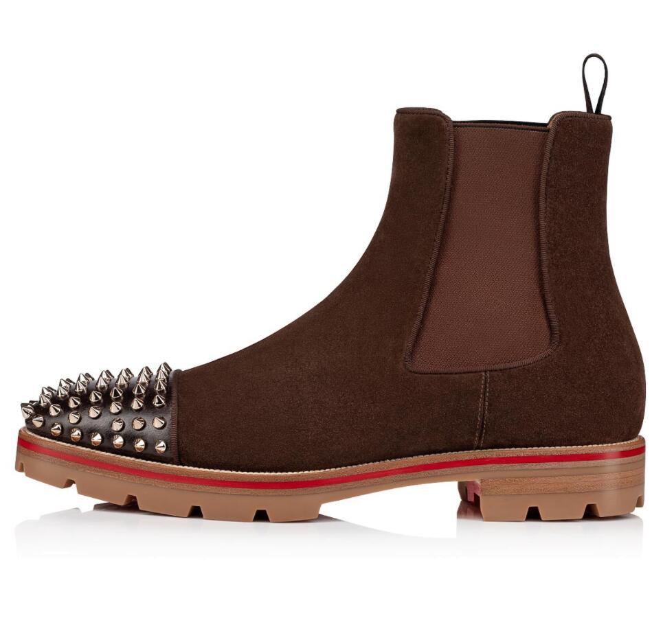 Luxury Designer Brown Men Boots Red Bottom Men Ankle Boots Low Heels Genuine Leather Suede With Rivets Melon Spikes Flat Short Knight Boot, Black
Luxury Designer Brown Men Boots Red Bottom Men Ankle Boots Low Heels Genuine Leather Suede With Rivets Melon Spikes Flat Short Knight Boot, Black