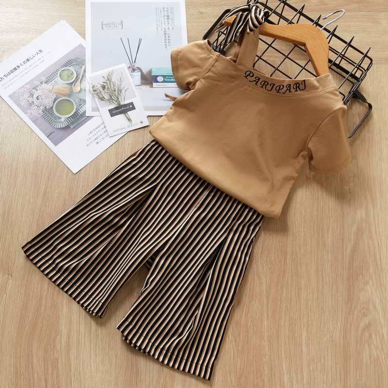 New female children's suit spring and summer shoulder bow round neck shirt black striped casual pants 2 pieces toddler clothes, Az1580 yellow
New female children's suit spring and summer shoulder bow round neck shirt black striped casual pants 2 pieces toddler clothes, Az1580 yellow