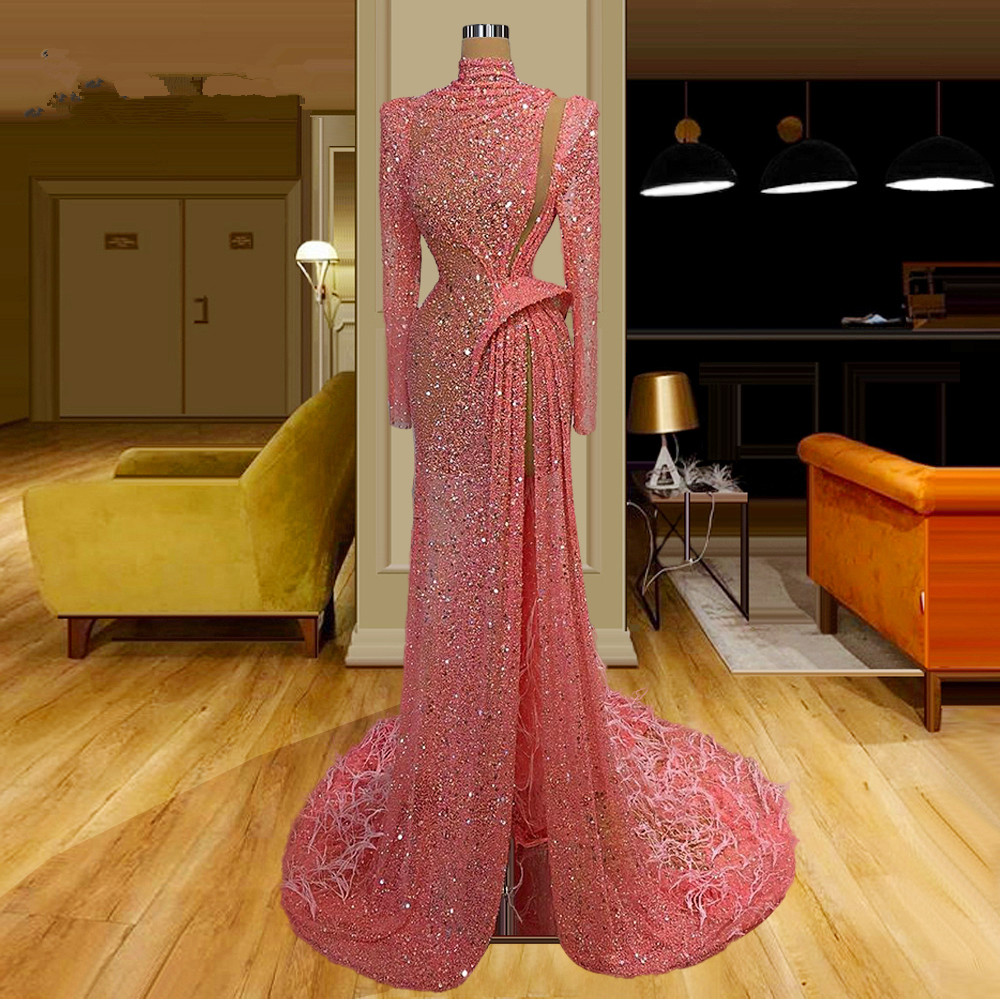 heavy beading prom dresses plus size high neck red carpet dress feathers pink long sleeve evening gowns vestidos de festa
