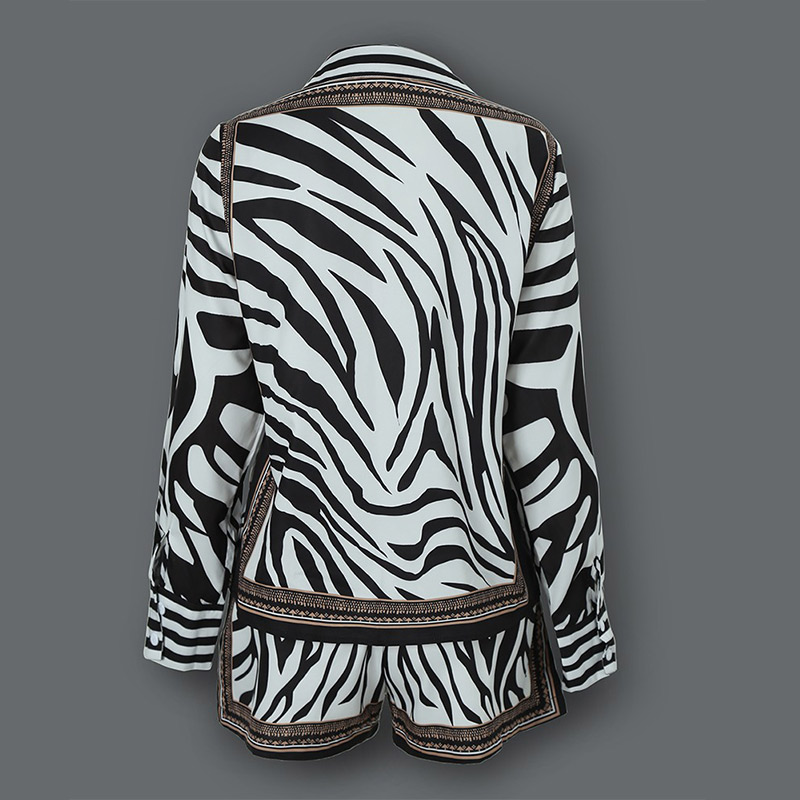 2 Women Zebra Print Buttoned Shirt And Zipper Shorts Sets Casual Piece Set Female Autumn Women's Two Suit B3