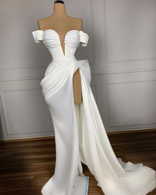 Plus Size White Evening Dresses Long 2020 Dubai Mermaid Prom Dresses Women Party Night High Cut Celebrity Gowns Robe Femme