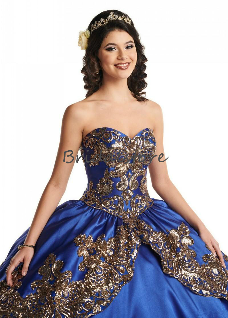 Ragazza Royal Blue Quinceanera Dresses Princess Gold Appliques Short Sleeves Tiered Satin Sweet 16 Dress Elegant Lace Up Prom Pageant Dress