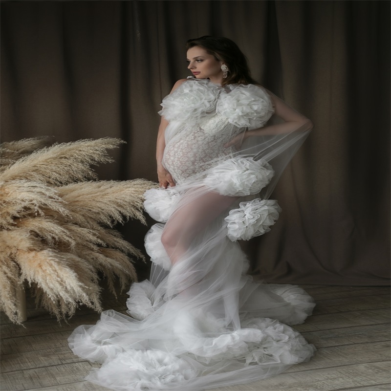 Newest Sexy Pregnant Woman Pajamas Ruched Tulle Hand Made Flower See Through Night Gown For Women Ruched Tiered Sweep Train Sleepwear