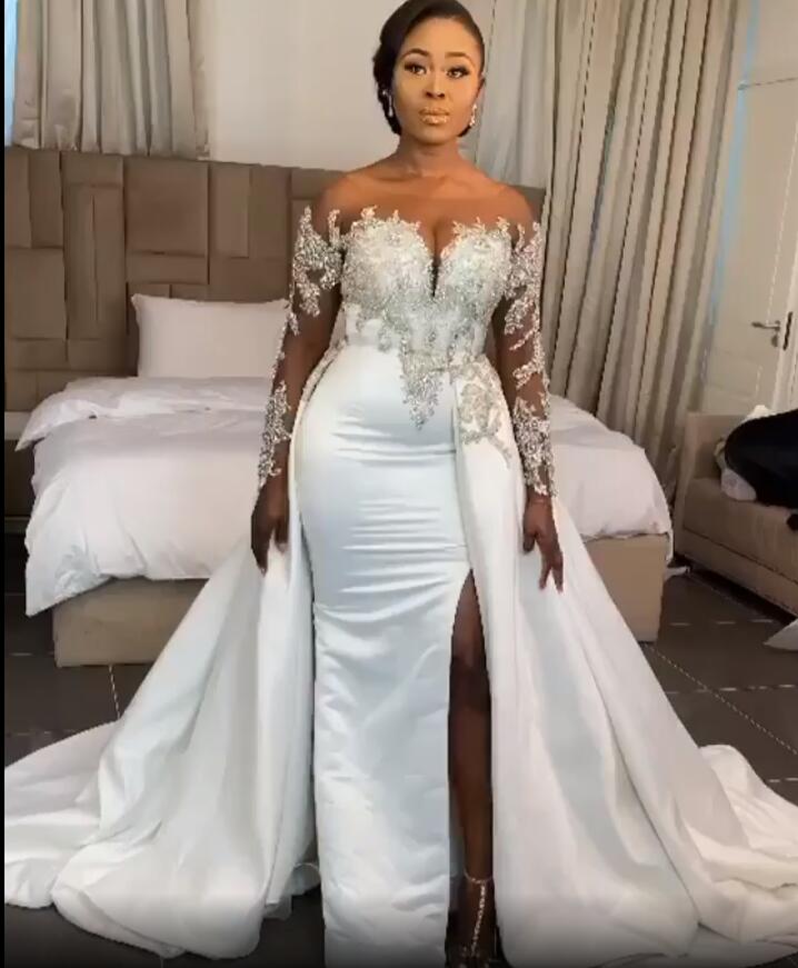 2020 Plus Size Arabic Aso Ebi Luxurious Crystals Lace Wedding Dresses Sheer Neck Mermaid Bridal Dresses High Split Wedding Gowns JJ023