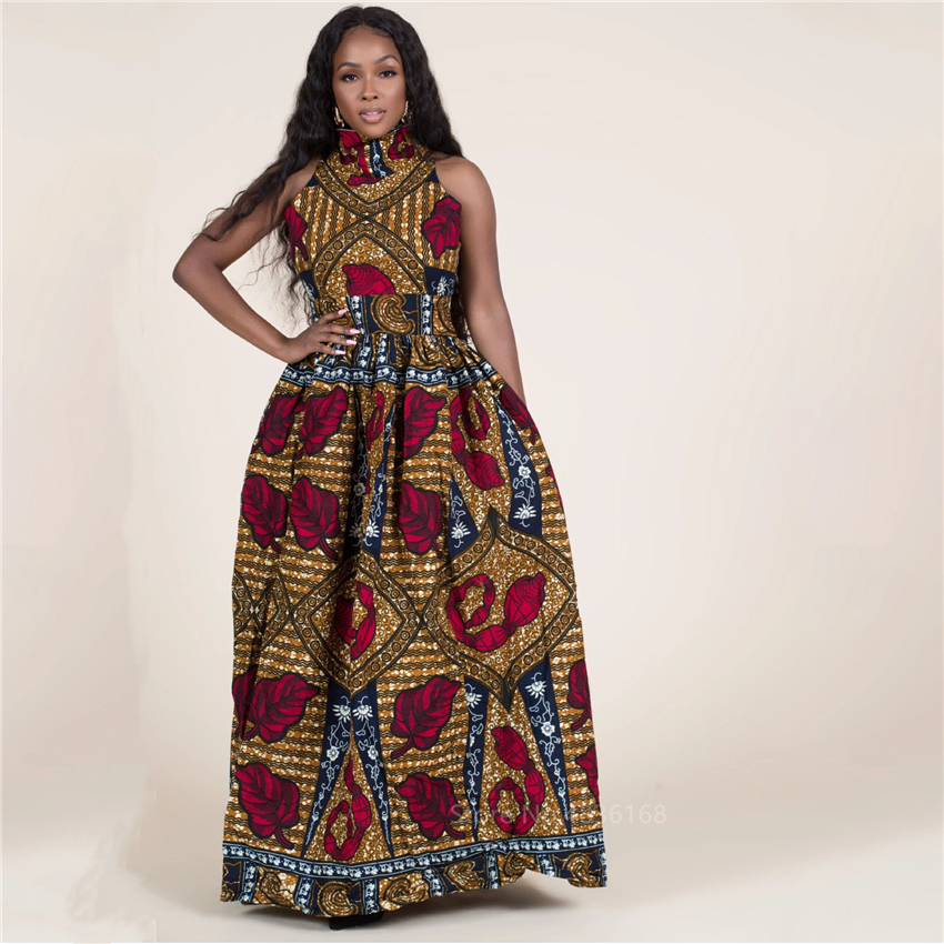 Fashion 2020 Sleeveless African Dresses for Women Sexy Dashiki Print Long Robe Halter Ladies Ankara Africaine Plus Size Clothing CX200813