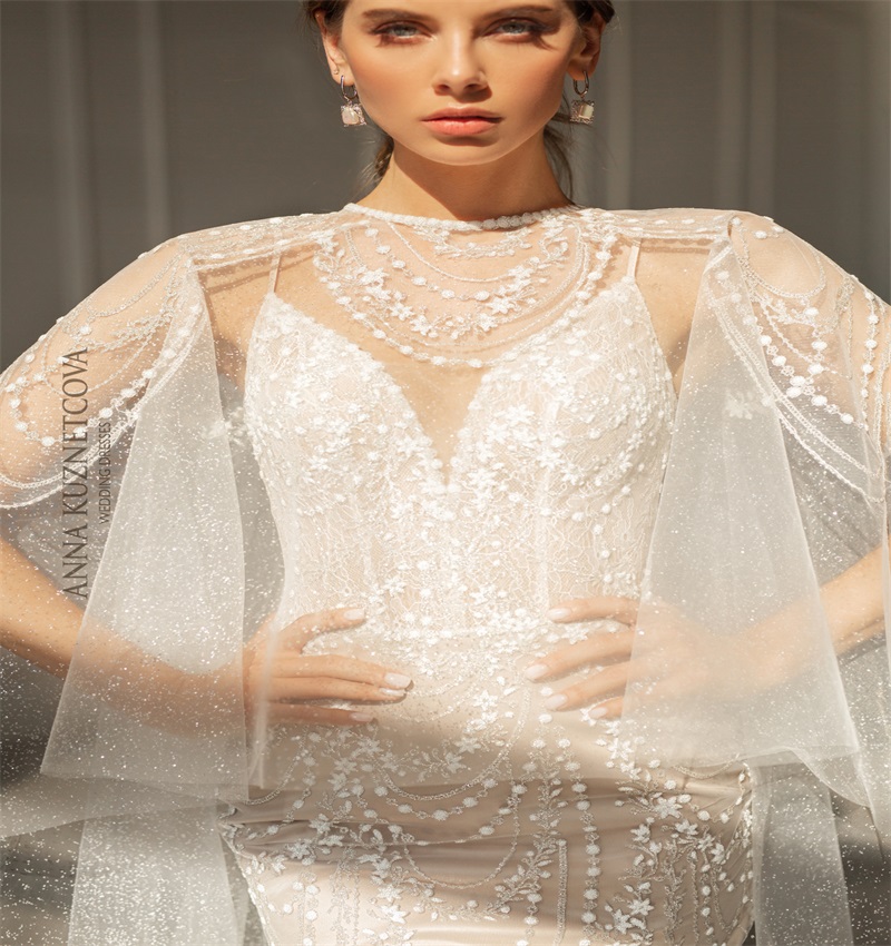 Glitter Anna Kuznetcova 2020 Mermaid Wedding Dresses With Wrap Appliqued Lace Tiered Bridal Gowns Custom Made Long Wedding Dress